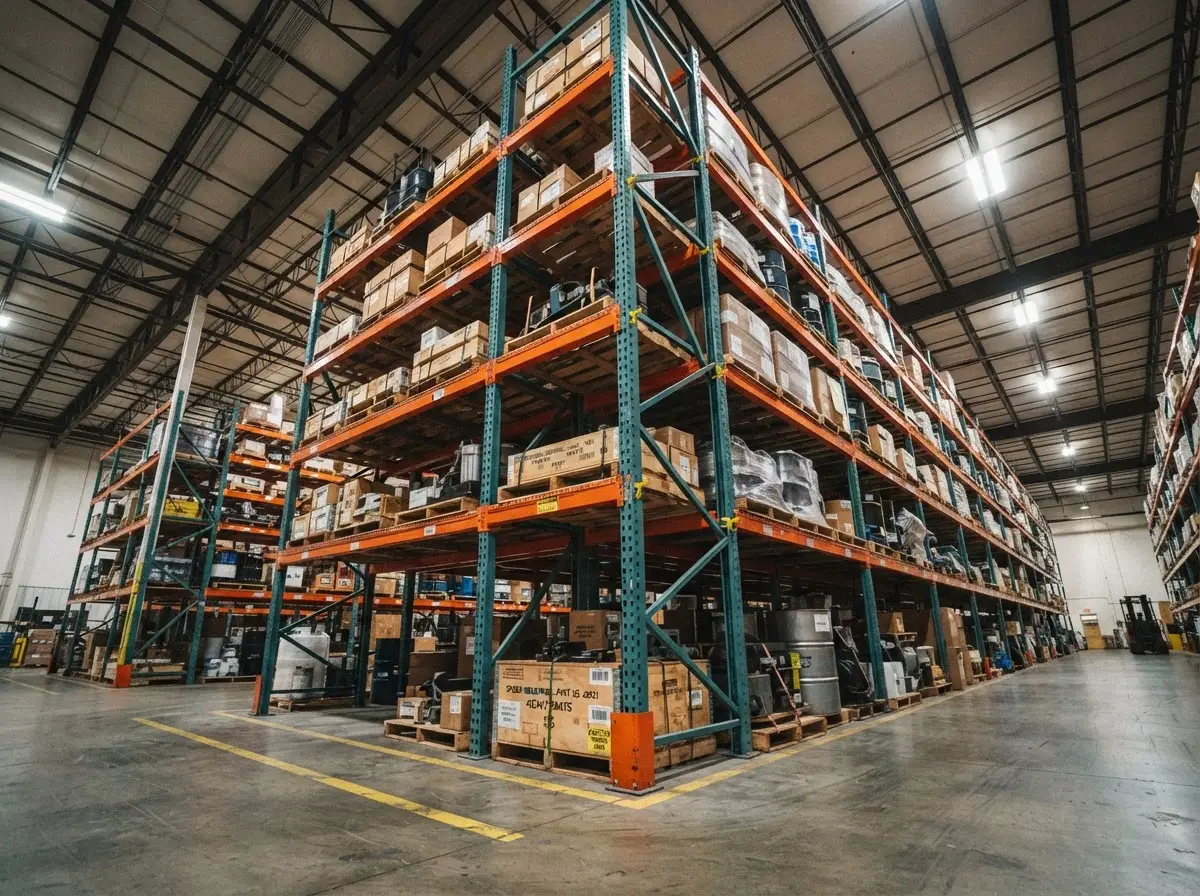Heavy-duty racking system in an industrial warehouse