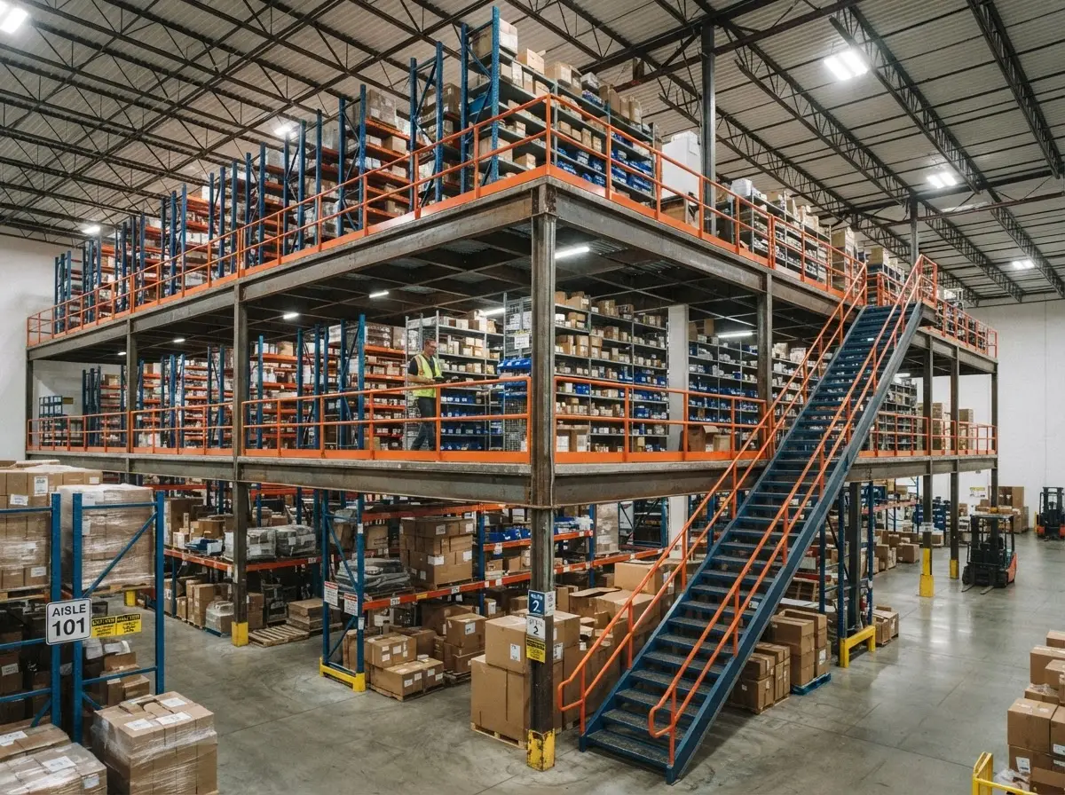 Multi-tier racking creating additional warehouse levels