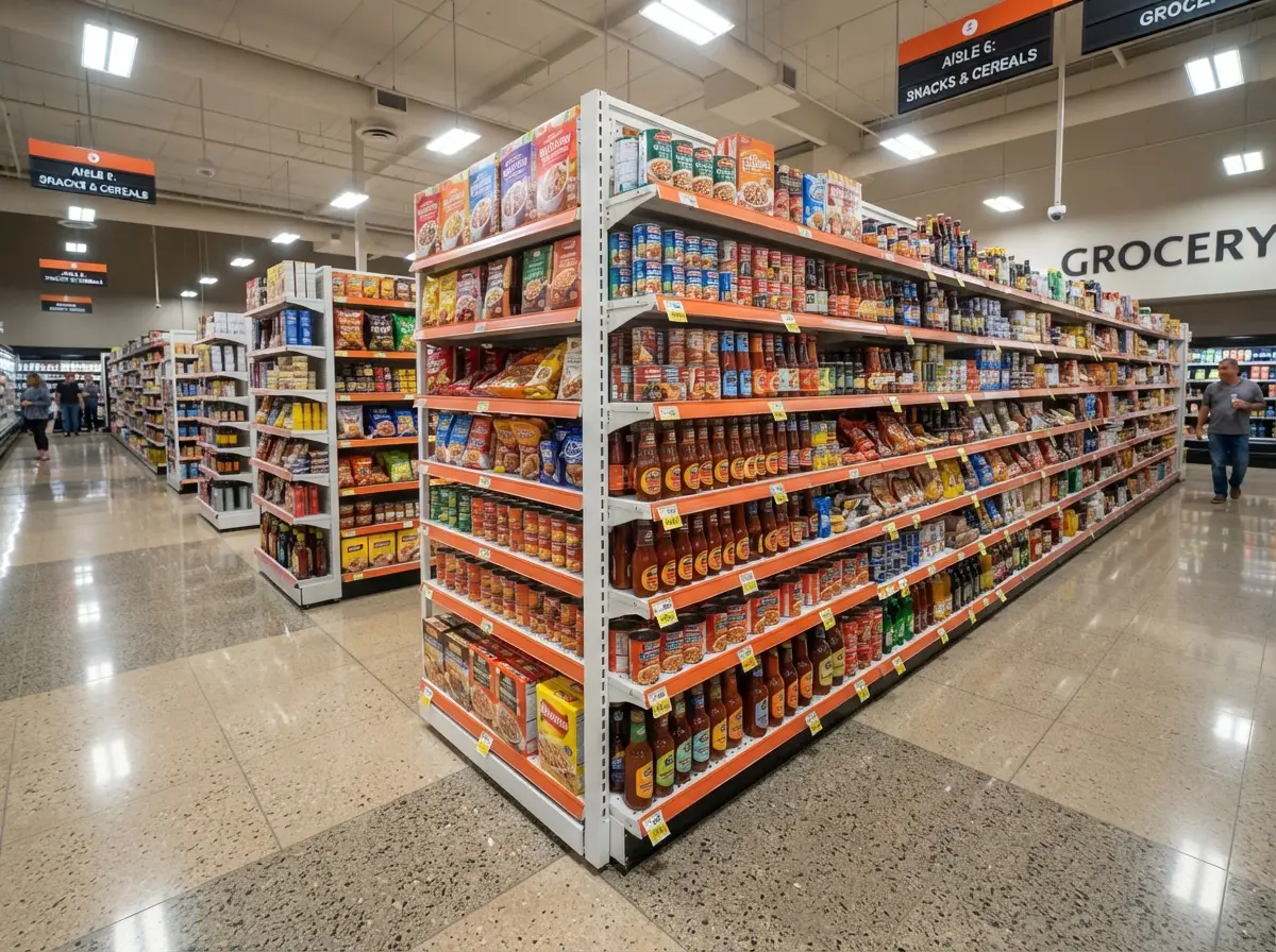 Supermarket retail shelving for organized product display